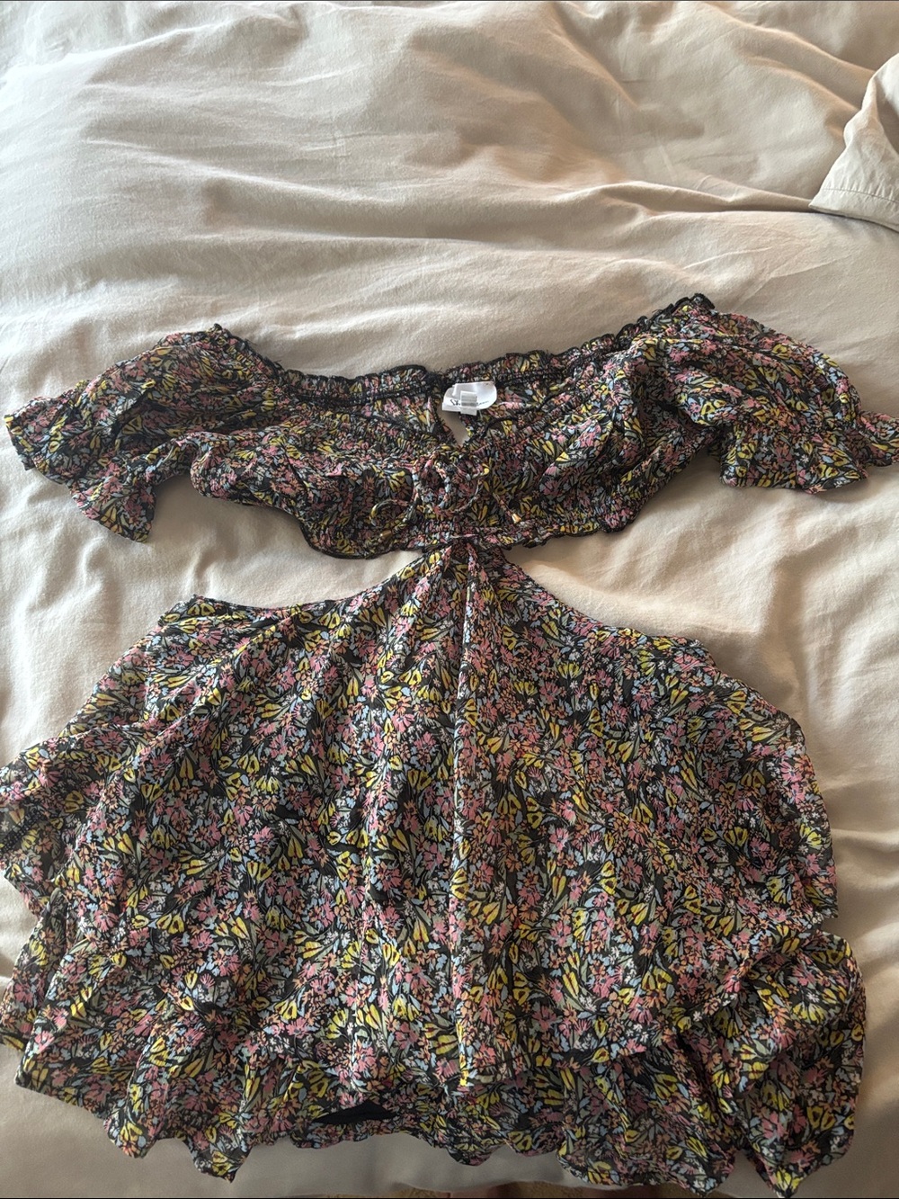 Girls Floral Off-Shoulder Ruffle Romper - Black with Pink & Yellow Floral